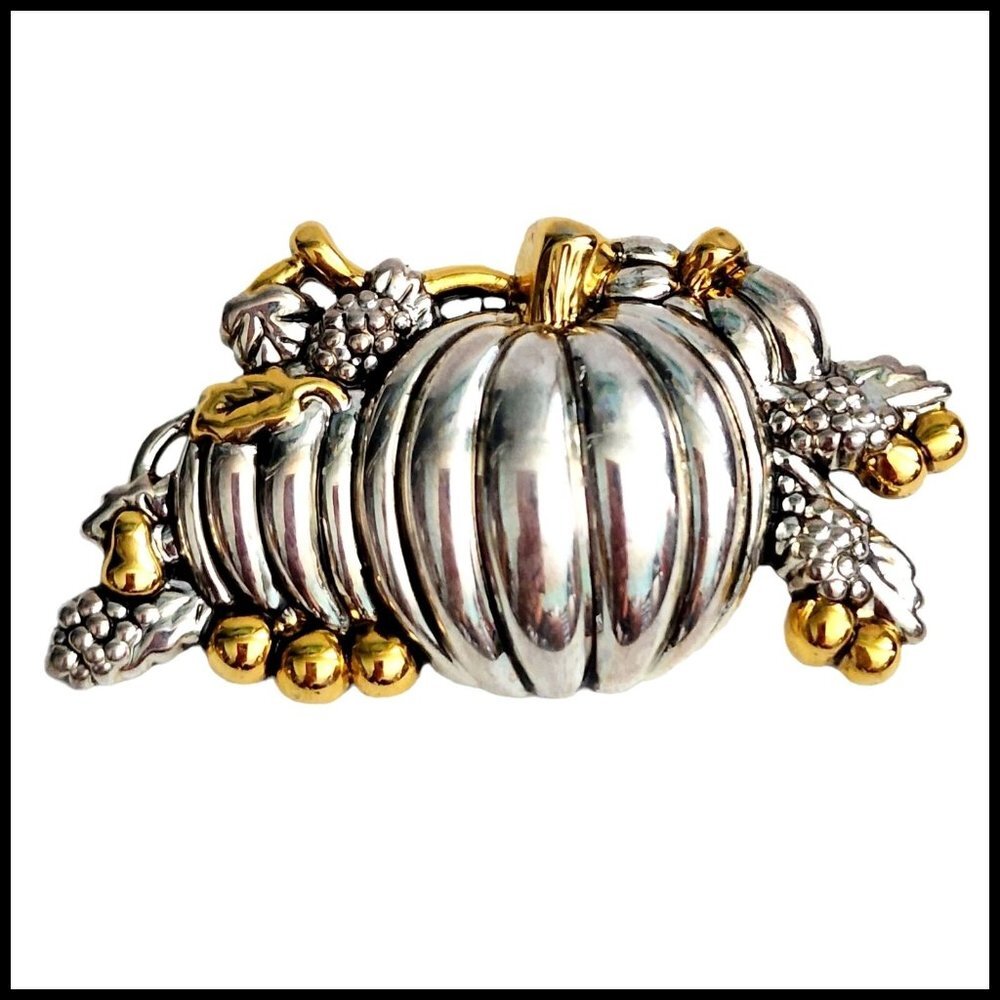 Vintage Silver Tone Pumpkin Harvest Grapes Pedant Pin Brooch Halloween Thanksgiv